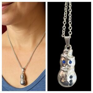 BVP Snowman Small Pendant Necklace  Blue Gemstone Eyes Crystal Accent 12"